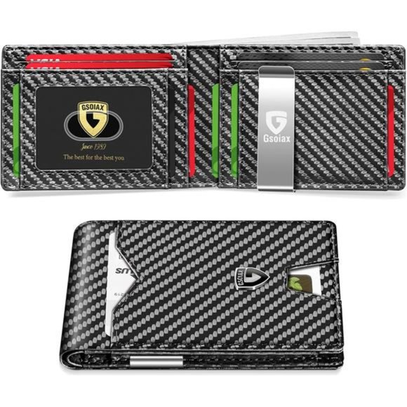 Slim Wallet for Men with 11 card Slots Rfid BlockingCarbon-money Clip